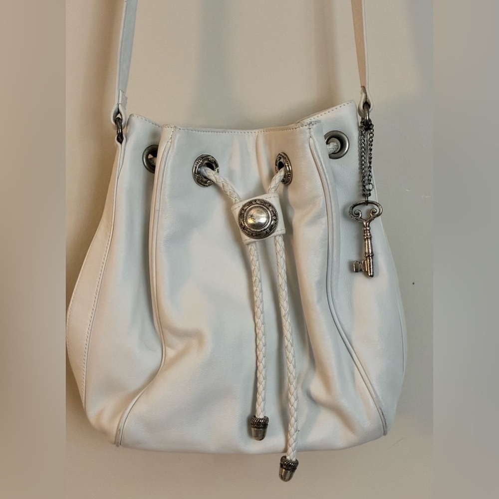 Vintage Fossil White Leather Bucket Purse w/Braided Drawstring & Silver Accents